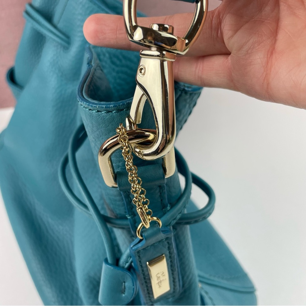 Cole Haan Teal Blue Leather Gold Buckle Purse Handbag Bag Women Designer - Picture 5 of 11